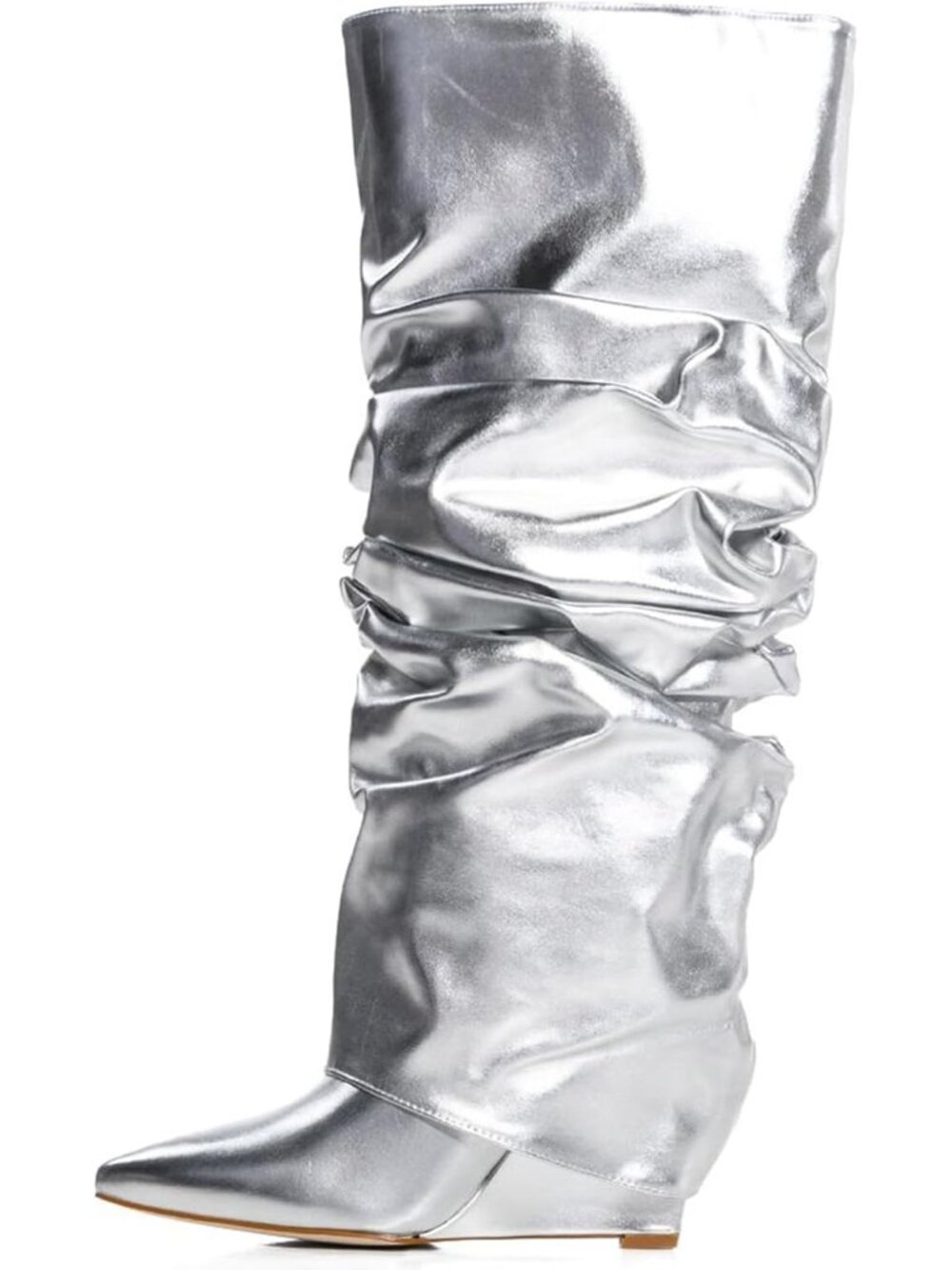 Women's Silver Covered Wedge Heel Patent Wide Calf Pointed Toe Knee High Boot